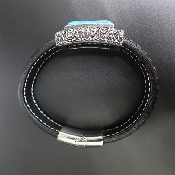 Stainless Steel & Leather Bracelet w/ Turquoise Stone SBR-6746 - Picture 5 of 10